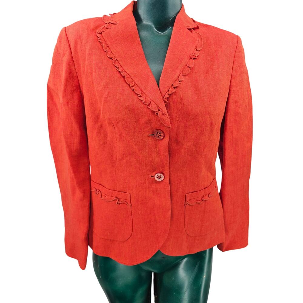 Vintage Schneider burnt orange linen structured blazer jacket ruffle trim M 4198